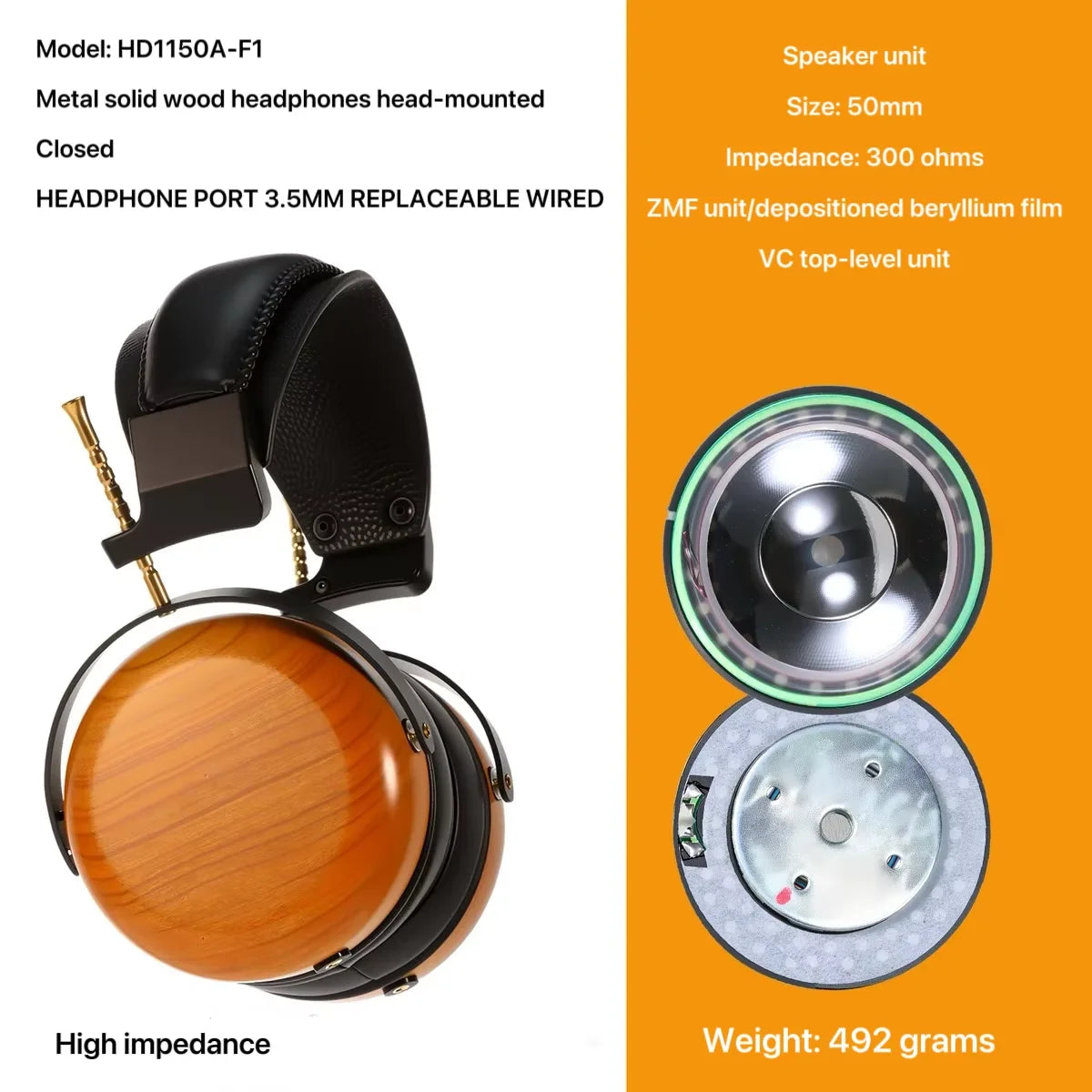 Closed-back Music Analysis Over-ear Headphones with 50mm Bio-diaphragm Monitoring Headsets