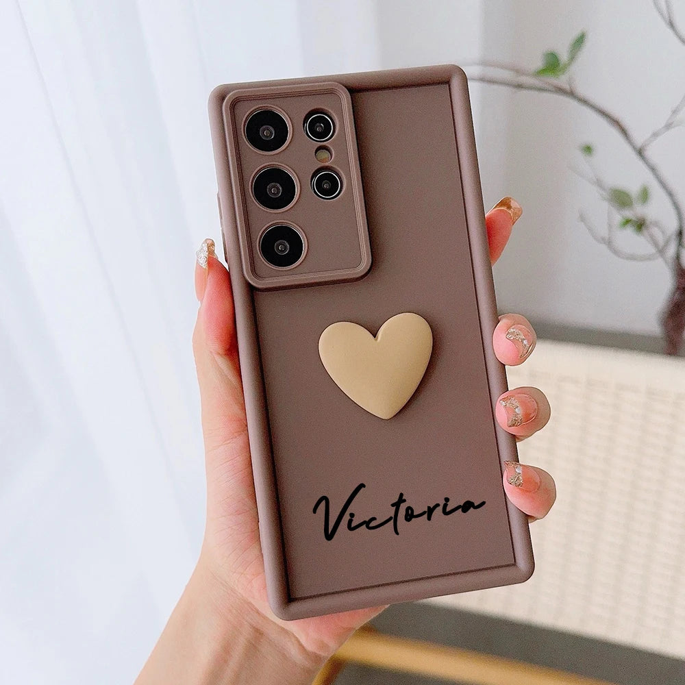 Customized Text 3D Love Heart Case For Samsung Galaxy S20 S21 S22 S23 S24 S25 S26 FE Plus Ultra 5G Luxury Soft Cover