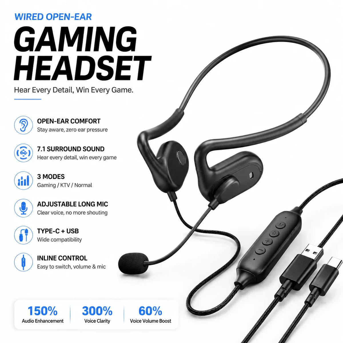 Over Ear Wired Headphones With Microphone Air Conduction USB Singing Fone Headset Gamer Sound Card Gaming Earphone For Xiaomi