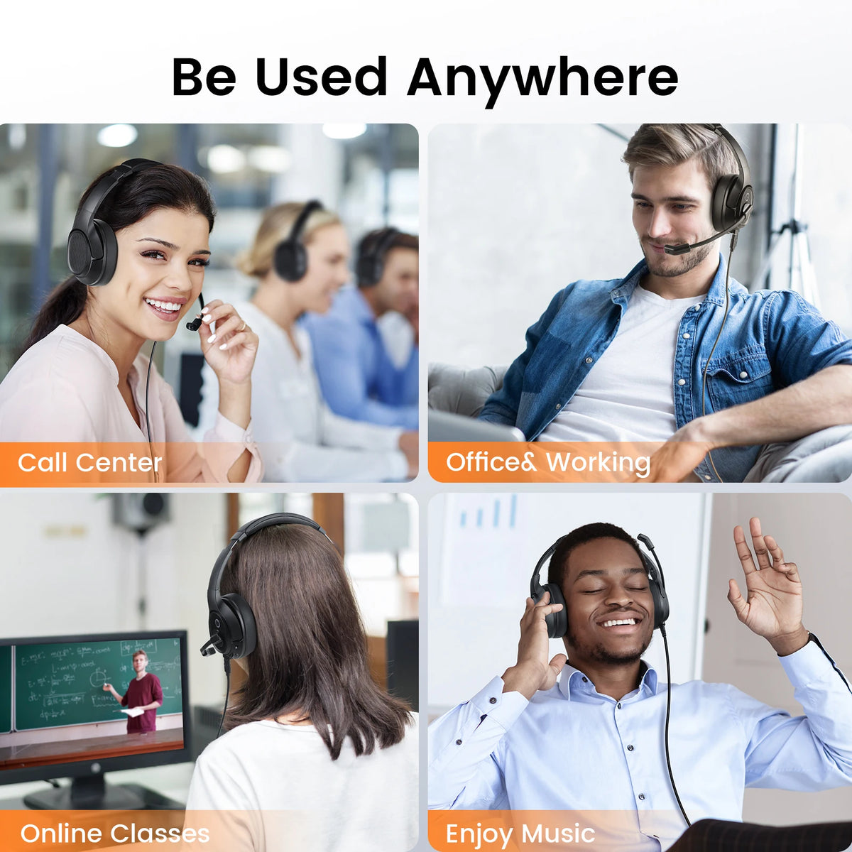 EKSA H2 Office Headset with Mic USB Wired Headphones ENC Noise Cancelling Over-Ear 40mm Mute Switch Volume Control Call Center