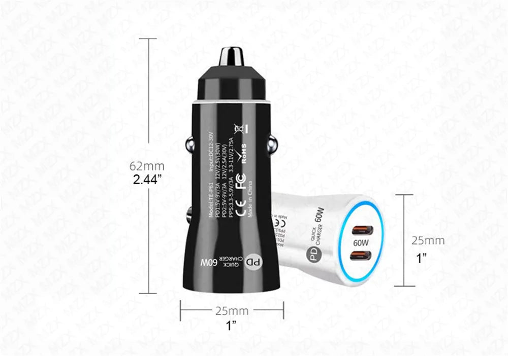 MZX 60W 48W 30W Duar Car Charger PD USB A Type C Smart Quick Charge 12V 24V Cigar Lighter Ultra QC 3.0 Charging for Cell Phone