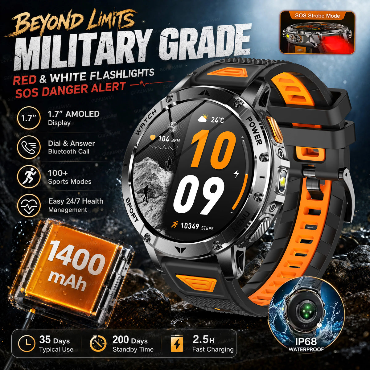 Ultra Large 1400mAh Battery Sport Smartwatch 1.7” Heart Rate Tactical Strong Flashlight 5ATM Waterproof Call Smart Watch For Men