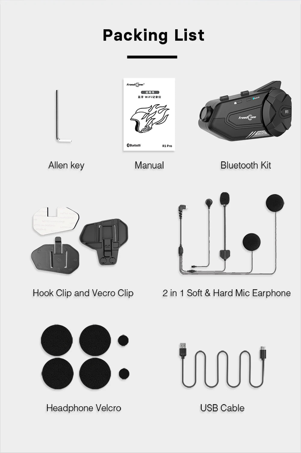 Motorcycle Intercom Helmet Bluetooth Headset Group Speaker Headphone WiFi App Freedconn R1Pro Motorbike Dash Cam Moto Auto Dvr