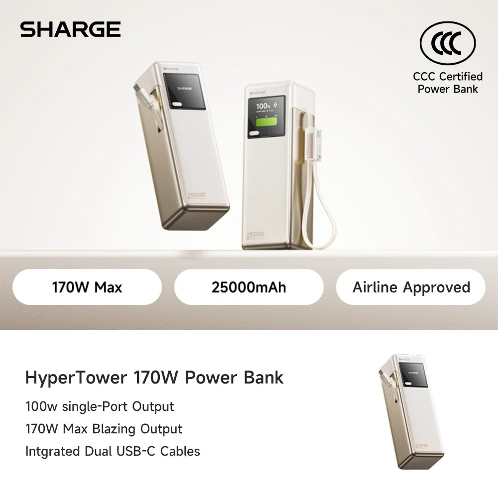 SHARGE 170W Laptop Power Bank 25000mAh Dual Built-in USB-C Cable Fast Charging Battery Pack for iPhone 17/16 Pro Max MacBook