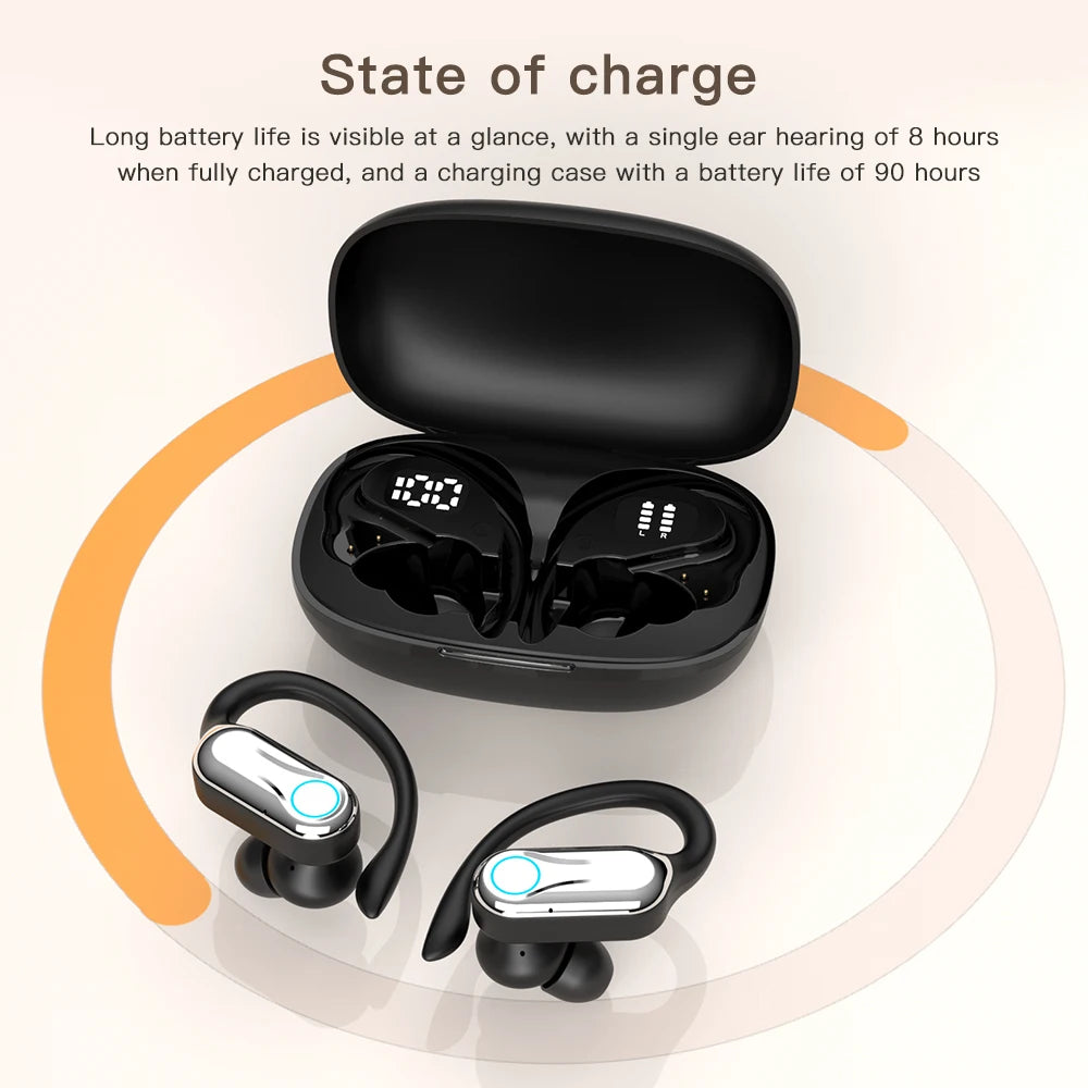 TWS Bluetooth Earphones With Microphones Sport Ear Hook LED Display Wireless Headphones HiFi Stereo Earbuds Waterproof Headsets