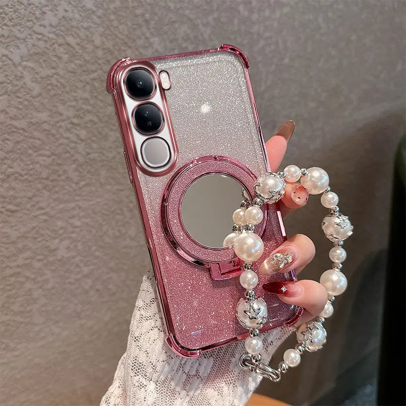 Bling Glitter Lipstick Mirror Stand Phone Case For Vivo Y31 5G Y21D With Pearl Chain Girls Women's Anti-drop Shockproof Cover