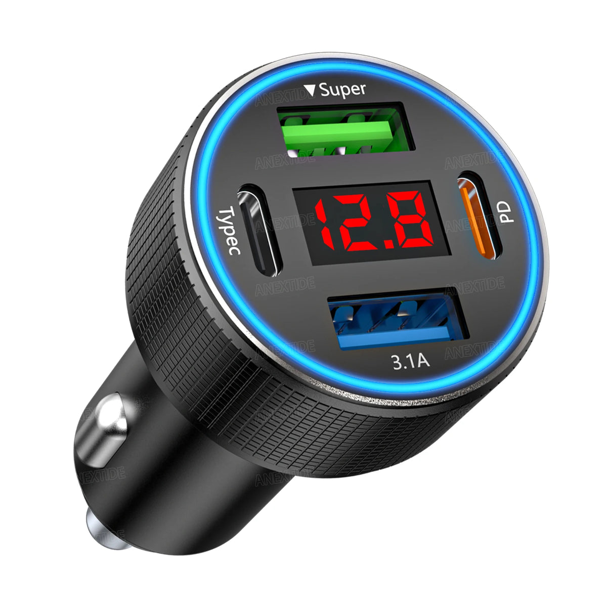 4 Port 126W Metal USB C Car Charger with Voltmeter, 2 USB-C & 2 USB-A Fast Charging Cigarette Lighter Adapter for iPhone Samsung
