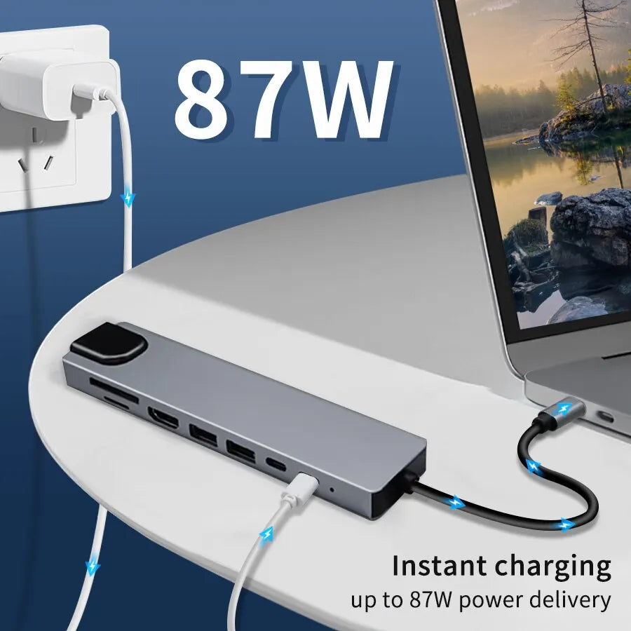 USB C HUB 4K30Hz Docking Station 8-IN-1 USB 3.0 Splitter Type C to RJ45 SD/TF Card Reader for MacBook Notebook Laptop Computer