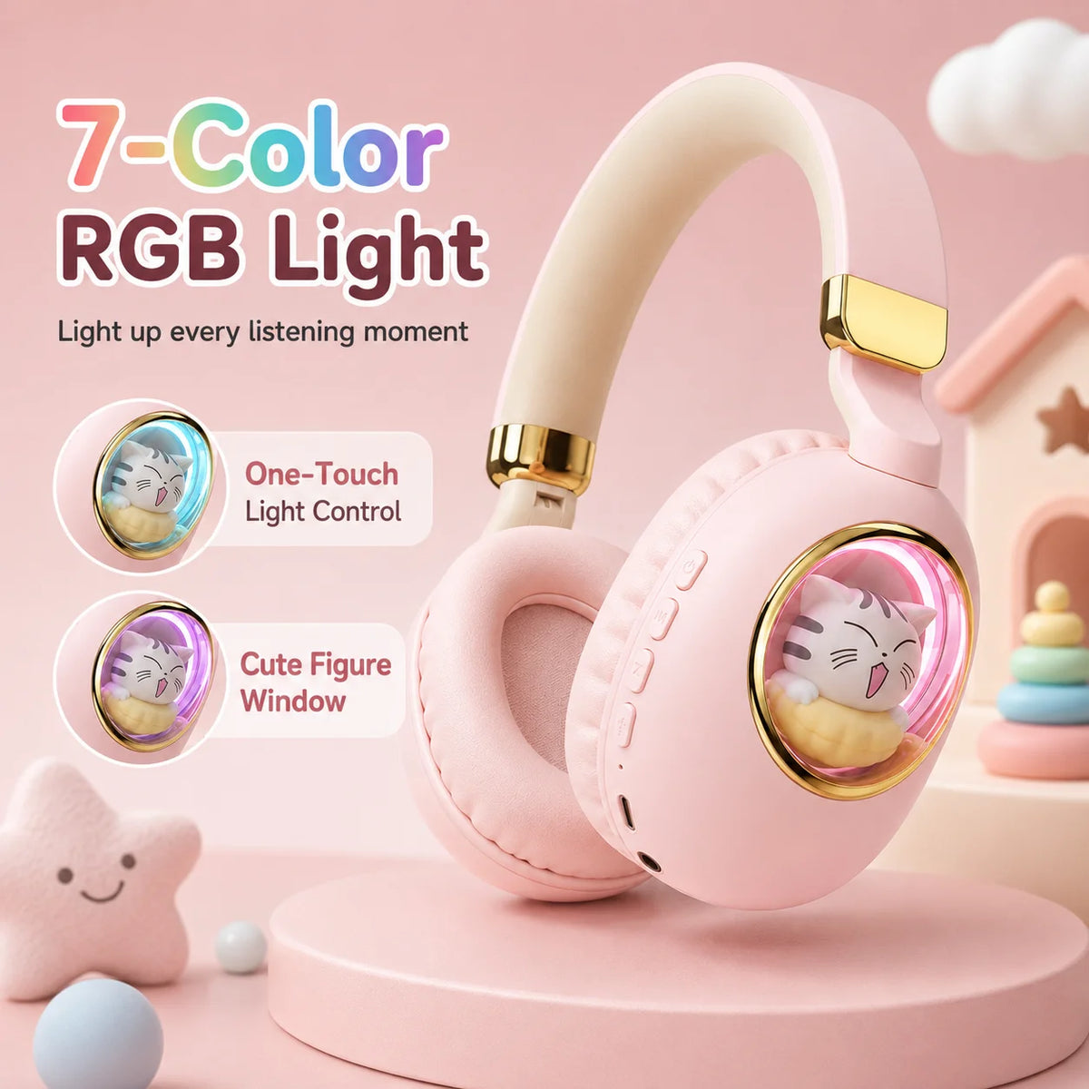 Kids Wireless Headphones with RGB light, 20H Battery Life, Transparent Capsule Cartoon Design, Bluetooth 5.3 Foldable Headset