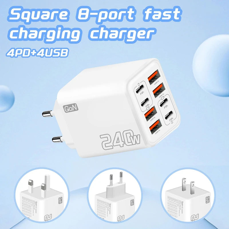 240W GaN USB C Charger 8 in 1 Fast Charging Phone Charger Power Adapter For iPhone Xiaomi Type C EU/US/UK Plug Wall Charger 2026