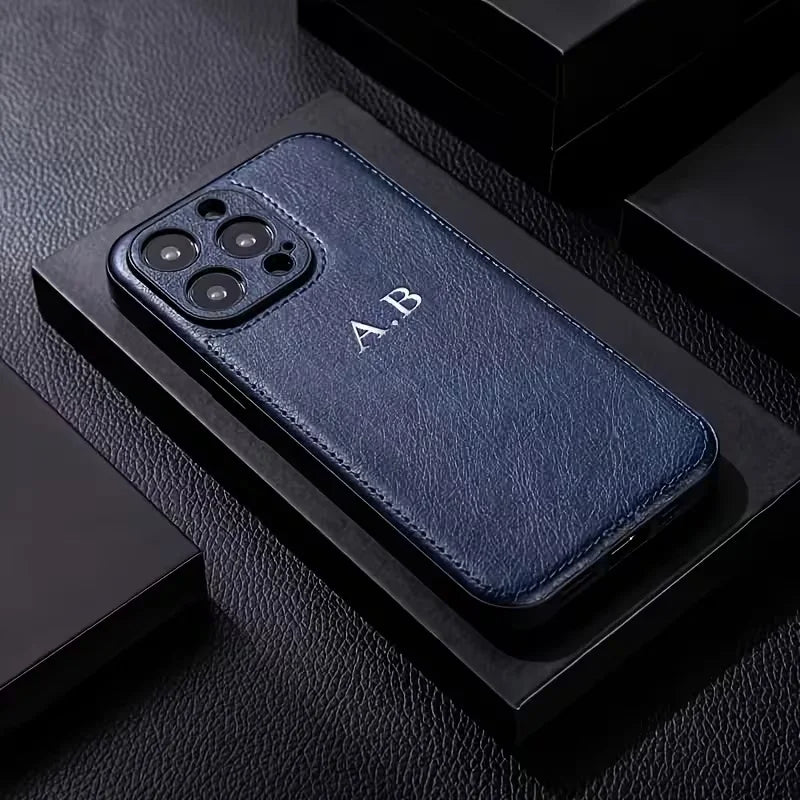 Personalized Customized Silver Hot Stamping Name Faux Leather Classic Business Phone Case For iPhone 17 16 15 14 13 Pro Max Plus