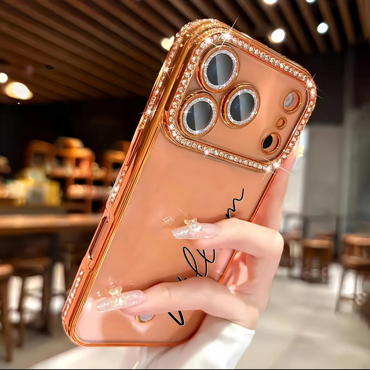  Custom Letters Name Starry Orange Rhinestone Glitter Frame Clear Phone Case For Iphone 13 14 15 16 17 18 Pro Max Air