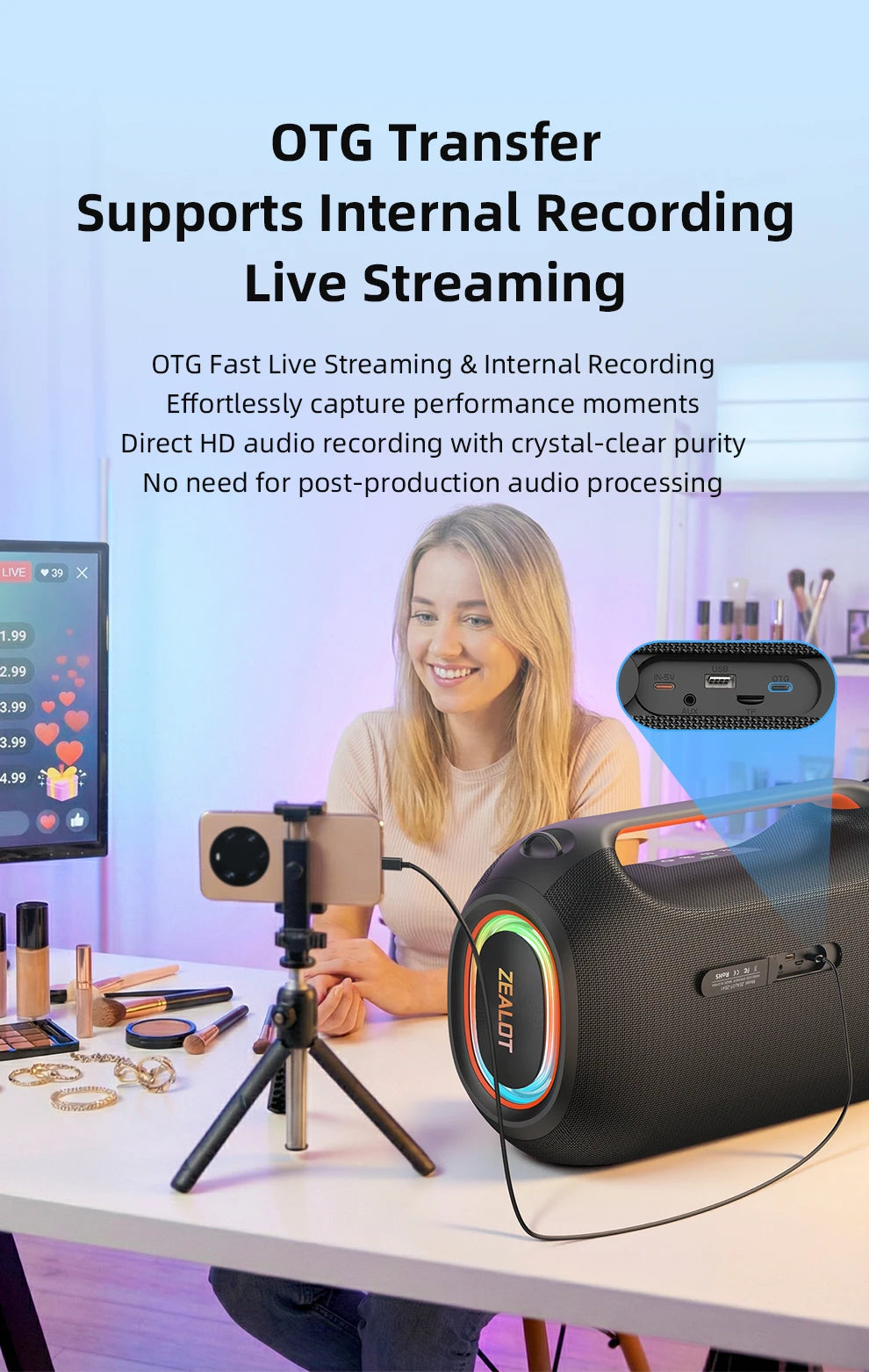 ZEALOT ZE41 250W Bluetooth Subwoofer | 48000mAh Long-Lasting Battery, RGB Lights, OTG Recording, Smart APP Control
