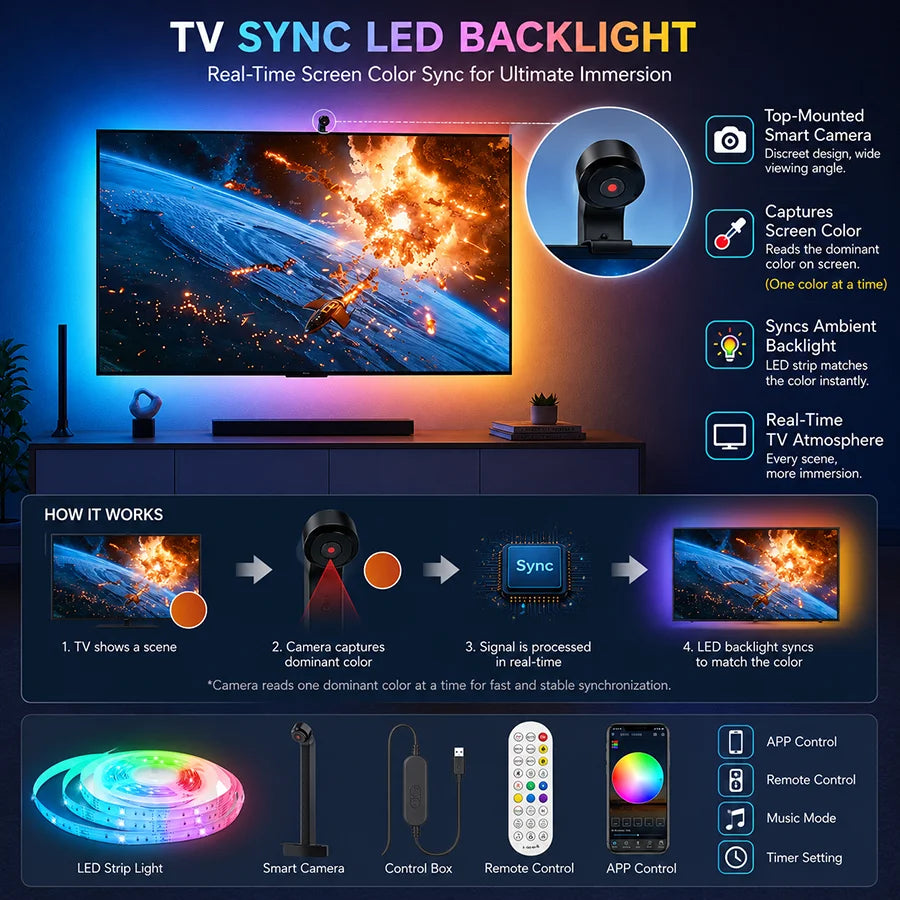 TV Sync LED Backlight with Mnini Camera, RGBIC Strip Light, Bluetooth APP & Remote Control, Music Sync, 3.8M/5M USB Lamp Tape