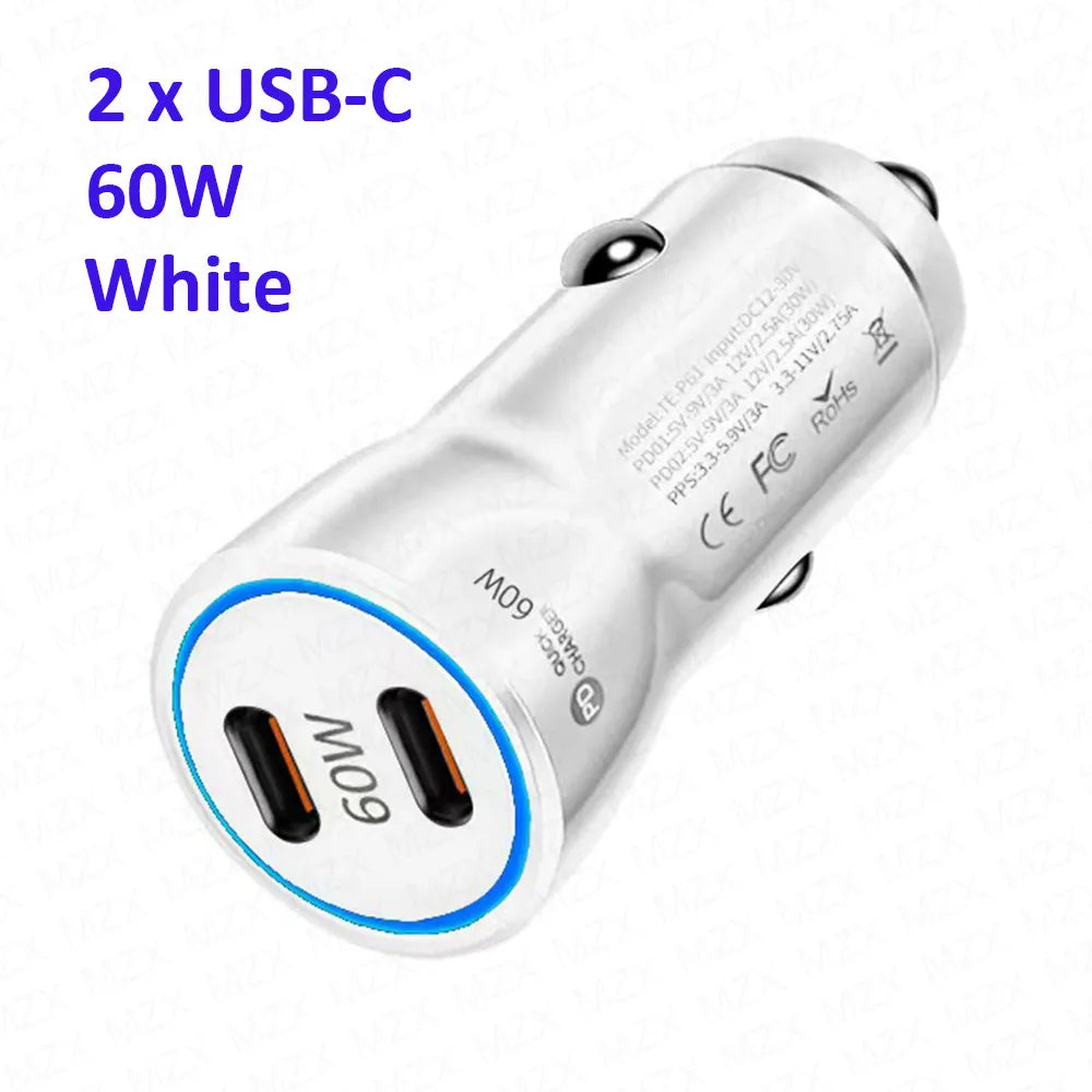 MZX 60W 48W 30W Duar Car Charger PD USB A Type C Smart Quick Charge 12V 24V Cigar Lighter Ultra QC 3.0 Charging for Cell Phone