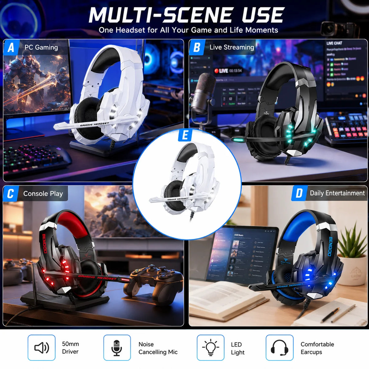 Gaming Headset Wired Headphones with Microphone Over Ear Stereo Bass LED Light Gamer Earphones for PC PS4 PS5 Xbox G9000