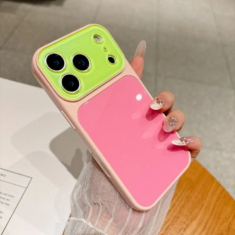 Fashion Dopamine Color-Block Phone Case for IPhone 18 Pro Max 17 16 15 14 Pro Max Candy-Color Glass Back Shockproof Phone Case