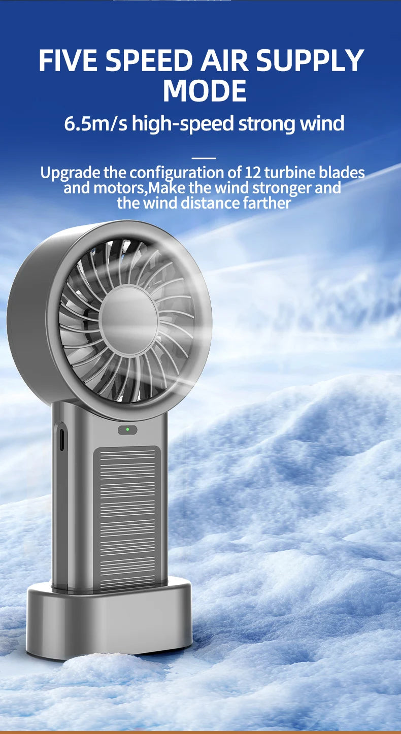 Solar Handheld Fan Small Dekstop Fan USB Light Rechargeable Portable Mini Air Cooling Hand Fan for Outdoor Camping Travel Hiking