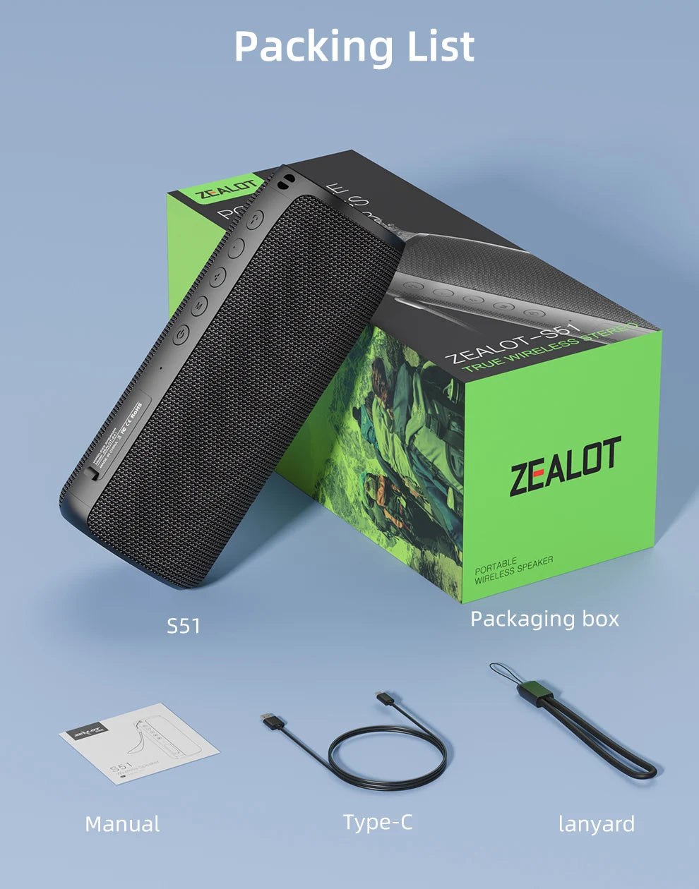 ZEALOT-S51 Powerful Bluetooth Speaker Bass Wireless Speakers Subwoofer Waterproof Sound Box Support TF, TWS, USB Flash Drive