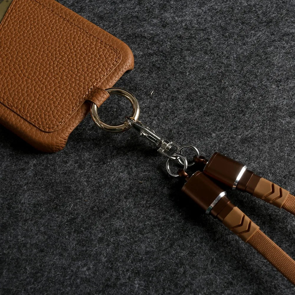 Multifunctional Charging Cable Lanyard Genuine Leather Case for IPhone 18 Pro Max 17Pro 16 15 14 13Pro Crossbody Strap Card Slot