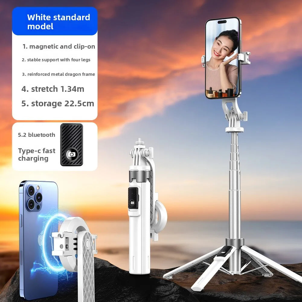 P135 Magnetic Bluetooth Selfie Stick Tripod, Universal Phone Floor Stand with 4-Leg Stable Base, Wireless Remote Photo Shooting,