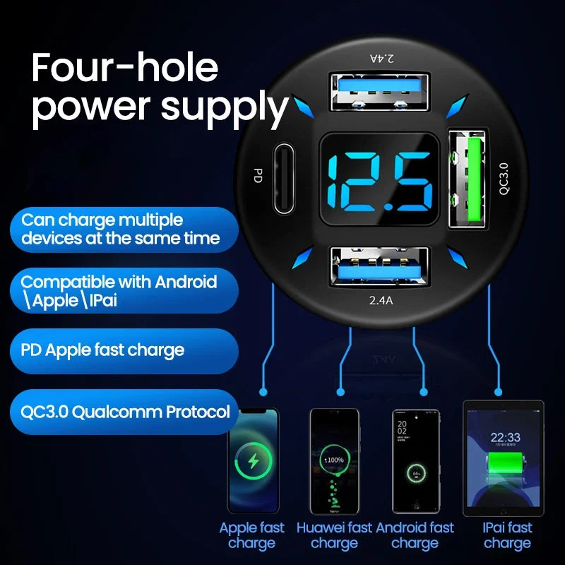 PD Quick Car Charger QC3.0 2.4A 4 Ports USB Fast Charging Car Adapter Cigarette Lighter Socket Splitter For iPhone Xiaomi