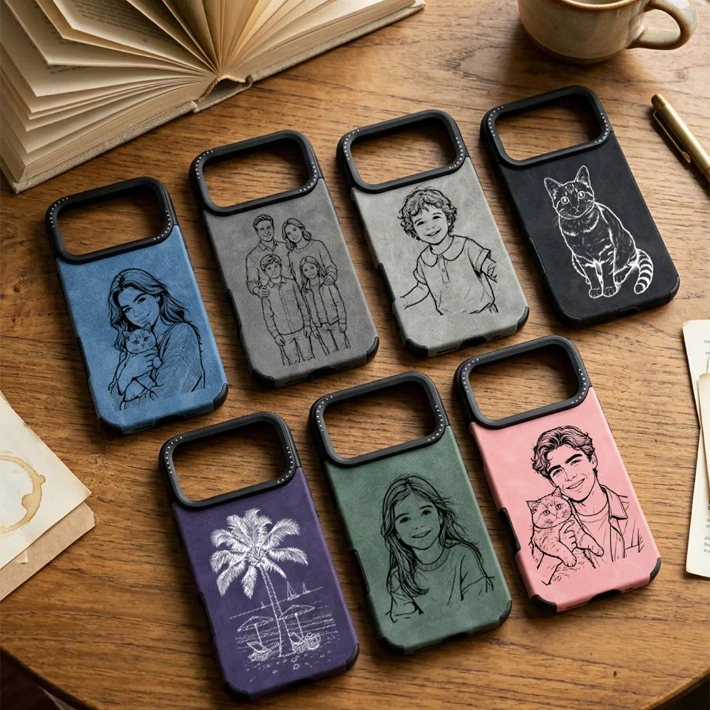 Personalized Custom Line Drawing 3D DIY Engraved Faux Leather Faux Phone Case For iPhone 17 16 15 14 13 12 11 Pro Max Pro 17Air