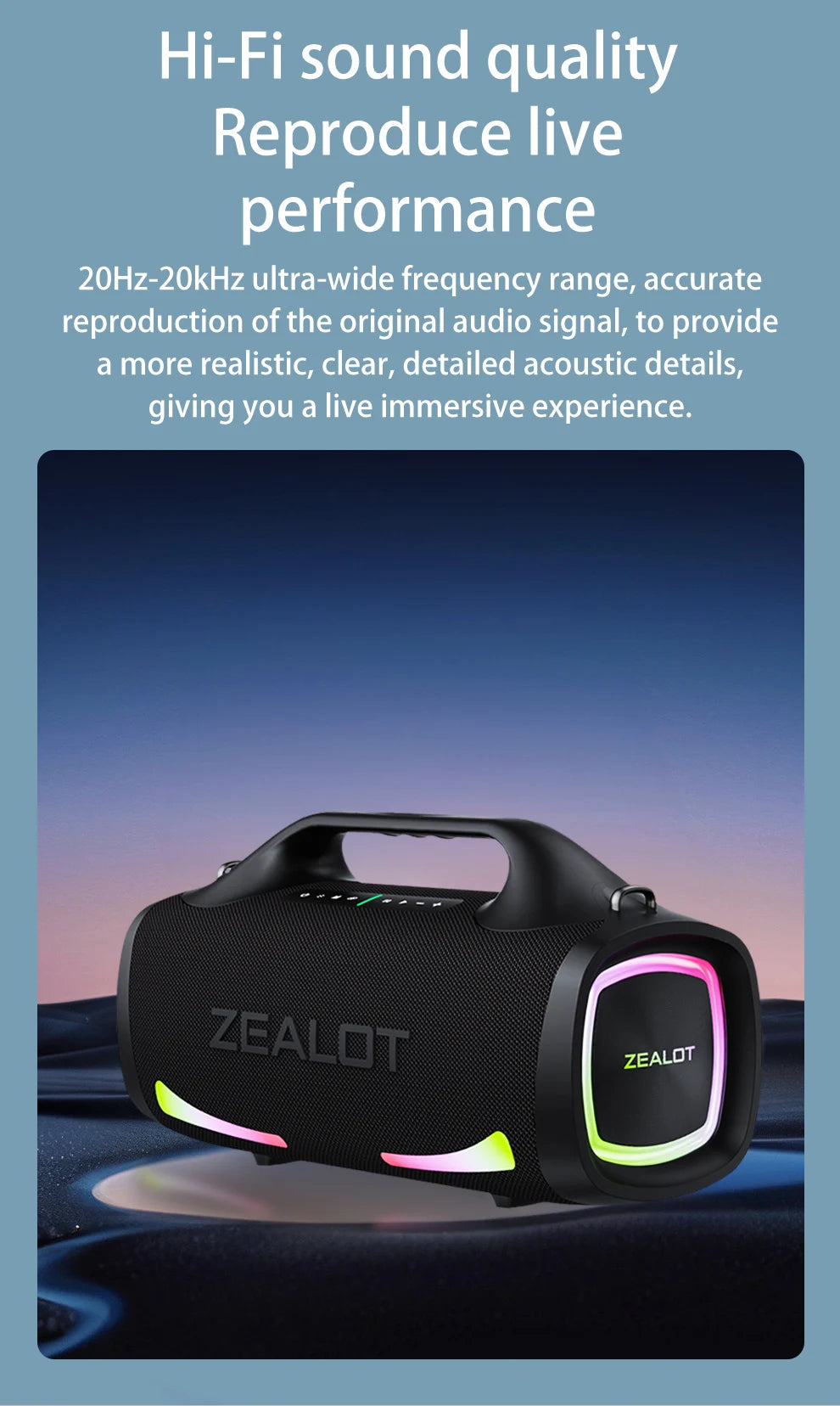 Zealot S79 100W Wireless Speaker, Portable Subwoofer Speaker, Hi-Fi Sound Quality, Dual Pairing, Fast Charging, 24000mAh.