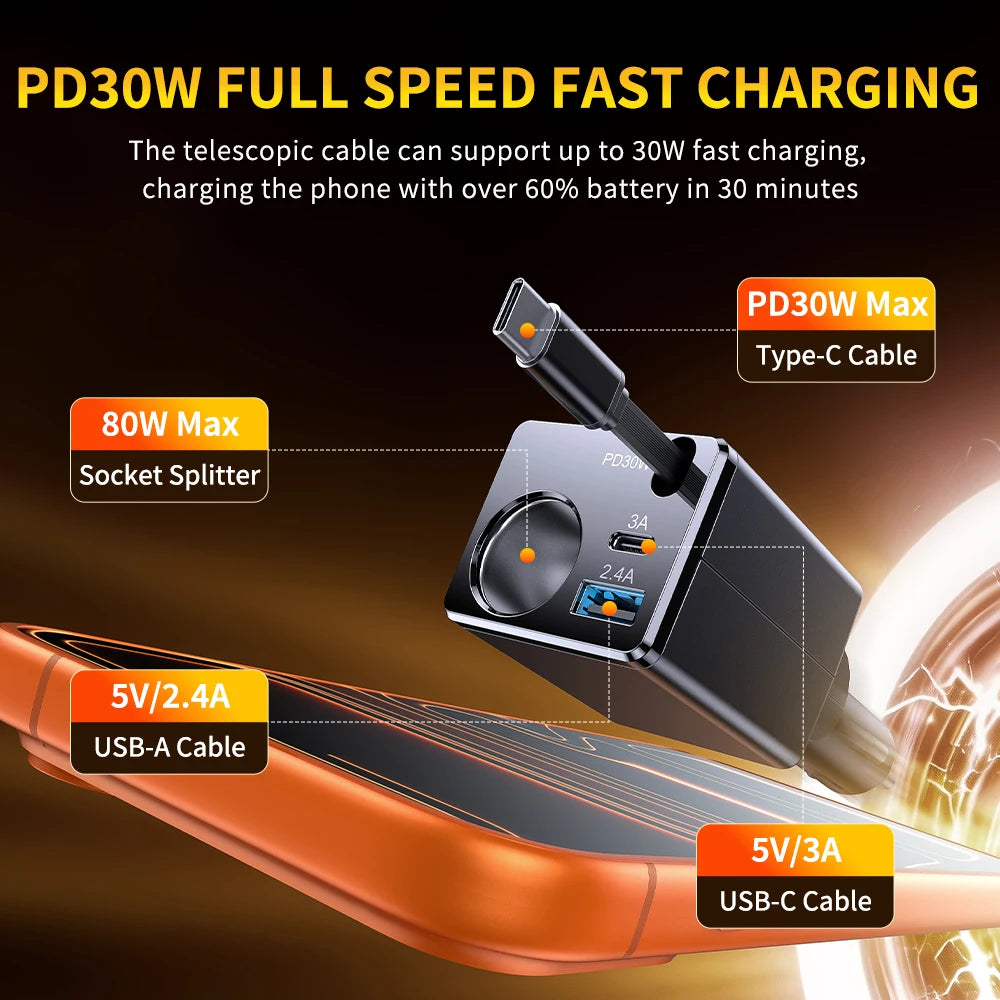 Universal Car Charger 128W Super Fast Charging Cigarette Lighter with Built-In USB-C Retractable Cable for Fast Charging