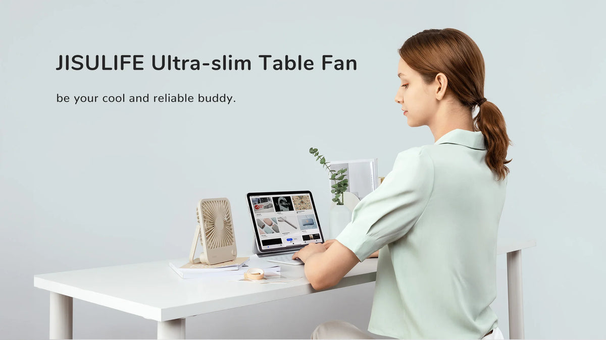 JISULIFE Portable Small Desk Fan Ultra Quiet Table Fan USB Rechargeable Cooling Fan With 4 Speed Powerful Wind Offices Fan