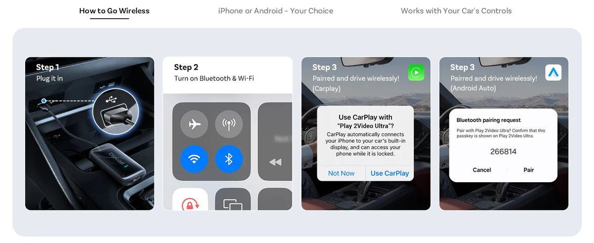 OTTOCAST Play2Video Ultra Carplay Ai Box Wireless Android Auto Adapter Built in Youtube Netflix For VW Benz Ford 99% of Cars