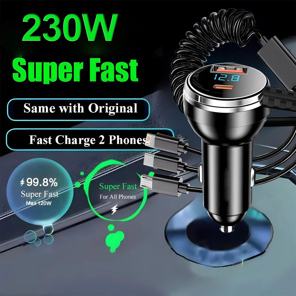 230W Car Charger PD QC 3.0 Fast Charging 3‑in‑1 Coiled Cable L-Port Type‑C Micro USB Dual Port Car Phone Charger with LED Displa