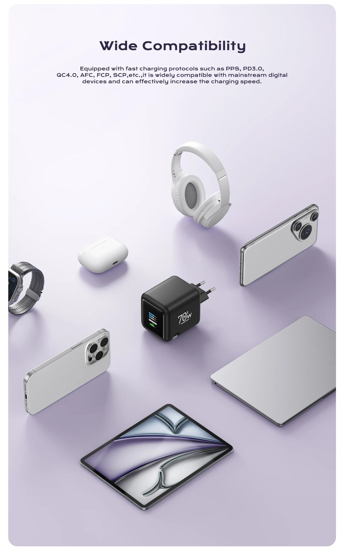 70W GaN Fast Charger with Type-C Retractable Cable 3 IN 1 PD3.0 QC4.0 PPS Fast Charging for IPhone 16 15 14 Xiaomi Tablet Laptop