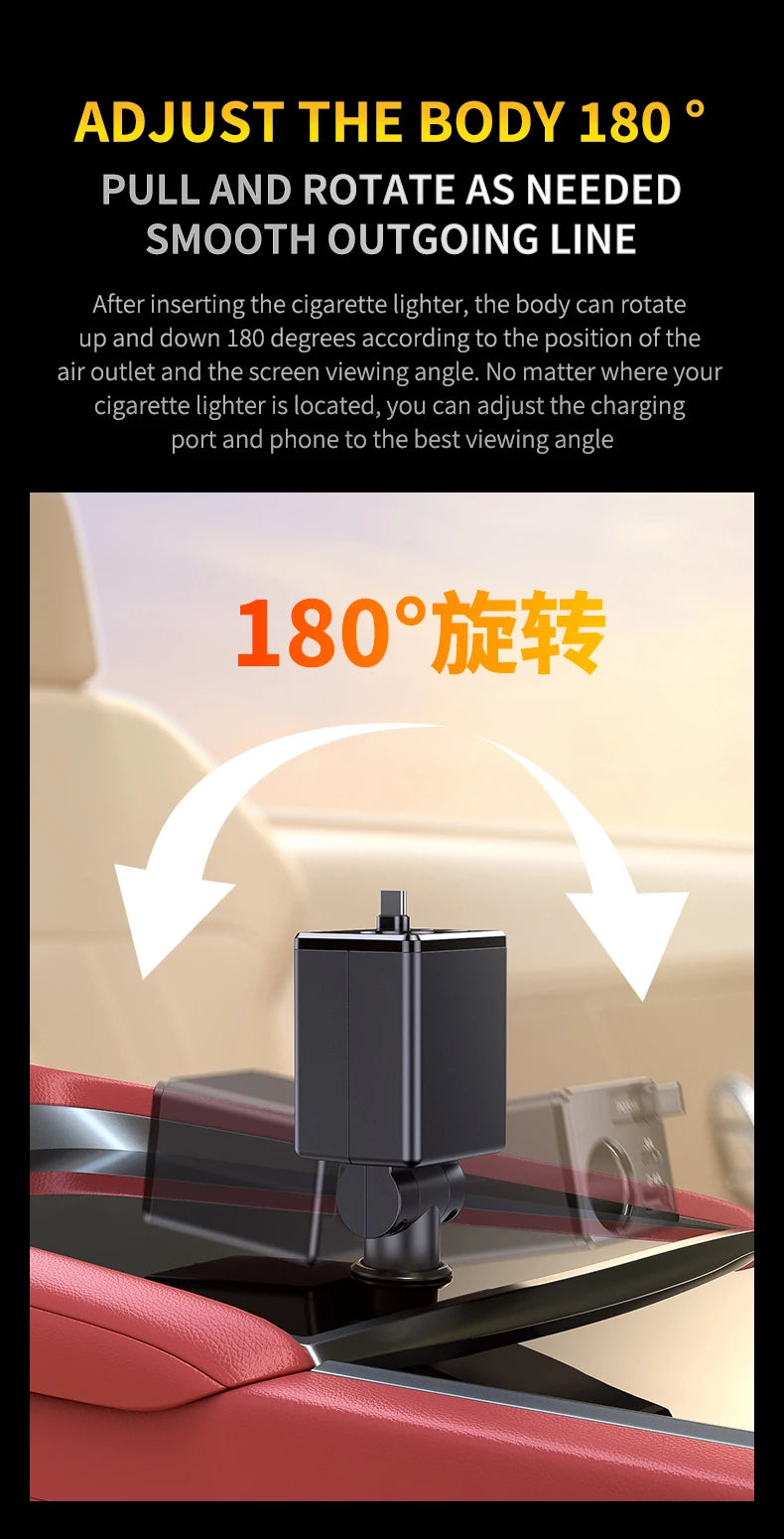 Universal Car Charger 128W Super Fast Charging Cigarette Lighter with Built-In USB-C Retractable Cable for Fast Charging
