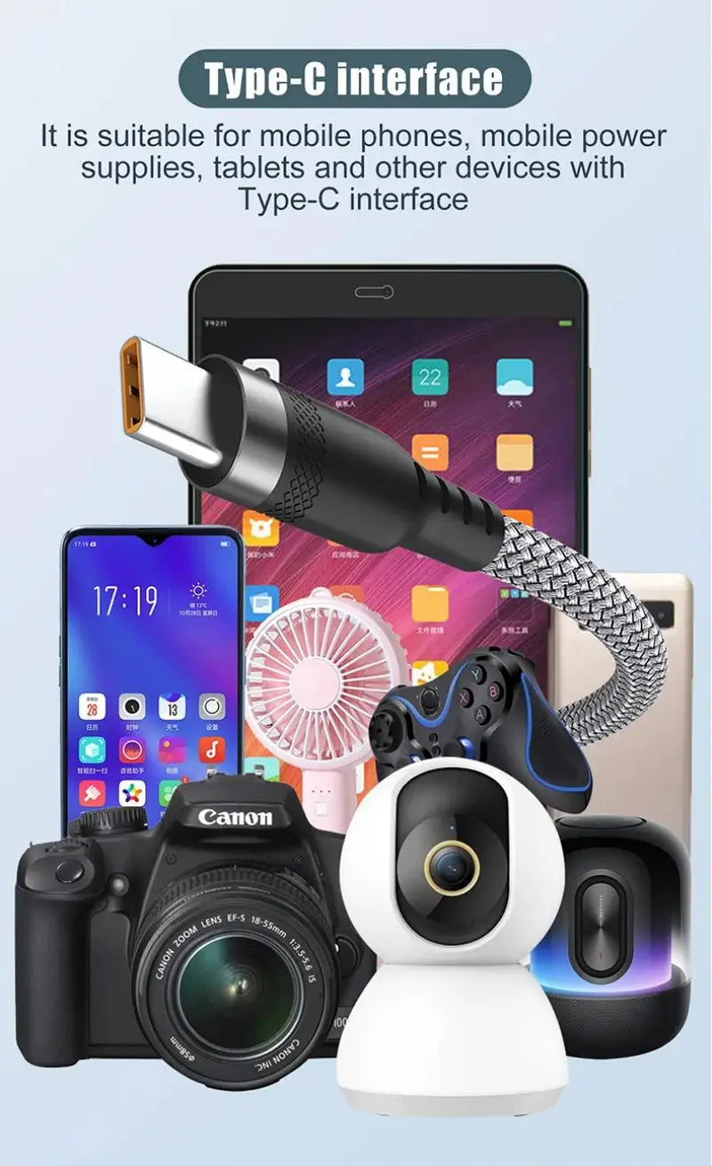 USB A to Type C Charging Extended Cable 6A Fast Charger Nylon Data Cable 1/3/5/8m For iPhone Samsung Type USB C Charging Device