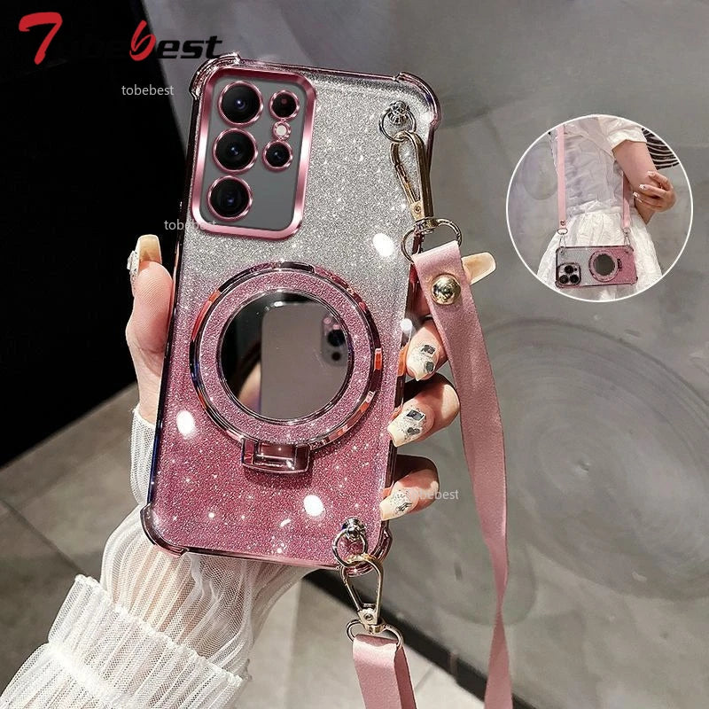 Crossbody Lanyard Glitter Shockproof Plating Case For Samsung Galaxy S25 S24 S23 S22 S21 S20 Ultra FE Plus Mirror Holder Cover