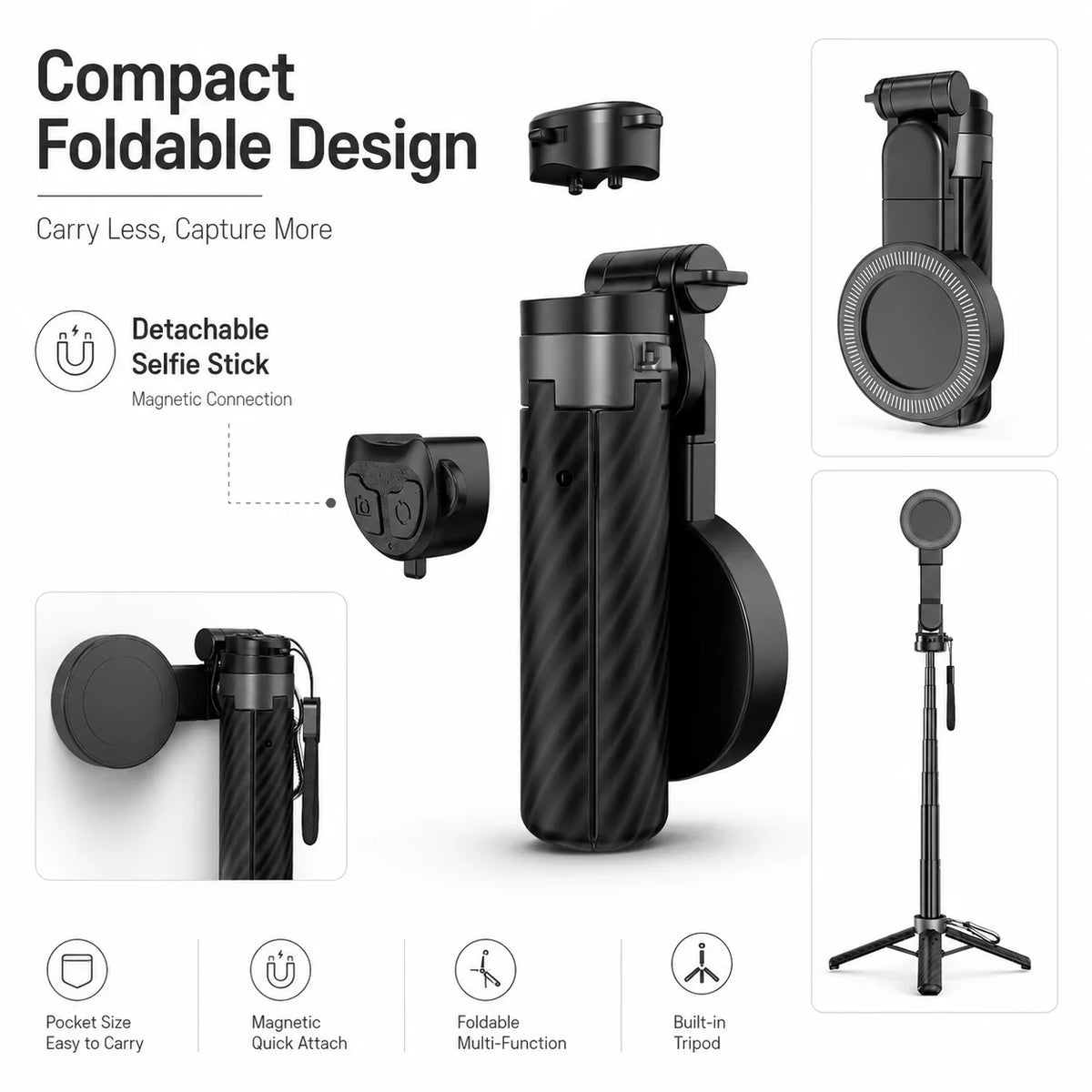 Pocket Dual-Sided Magnetic Selfie Stick Cell Phone Stand Extendable Tripod with Remote Control for iphone 17 16 Pro Max Huawei