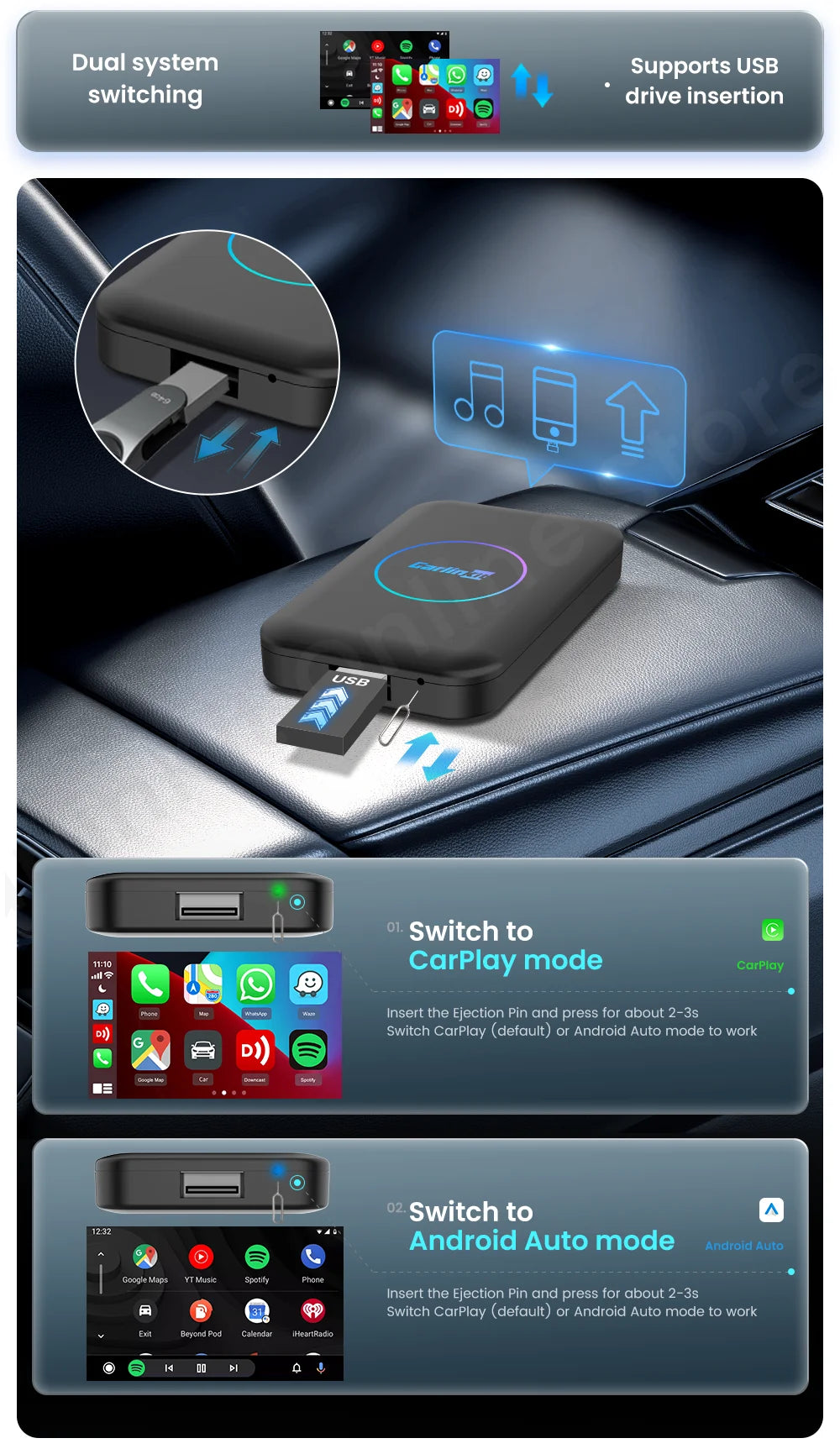 CarlinKit LiteS Android Tv Box Wireless Carplay Android auto Adapter Support Youtube Netfilx IPTV Spotify Car Radios Accessories