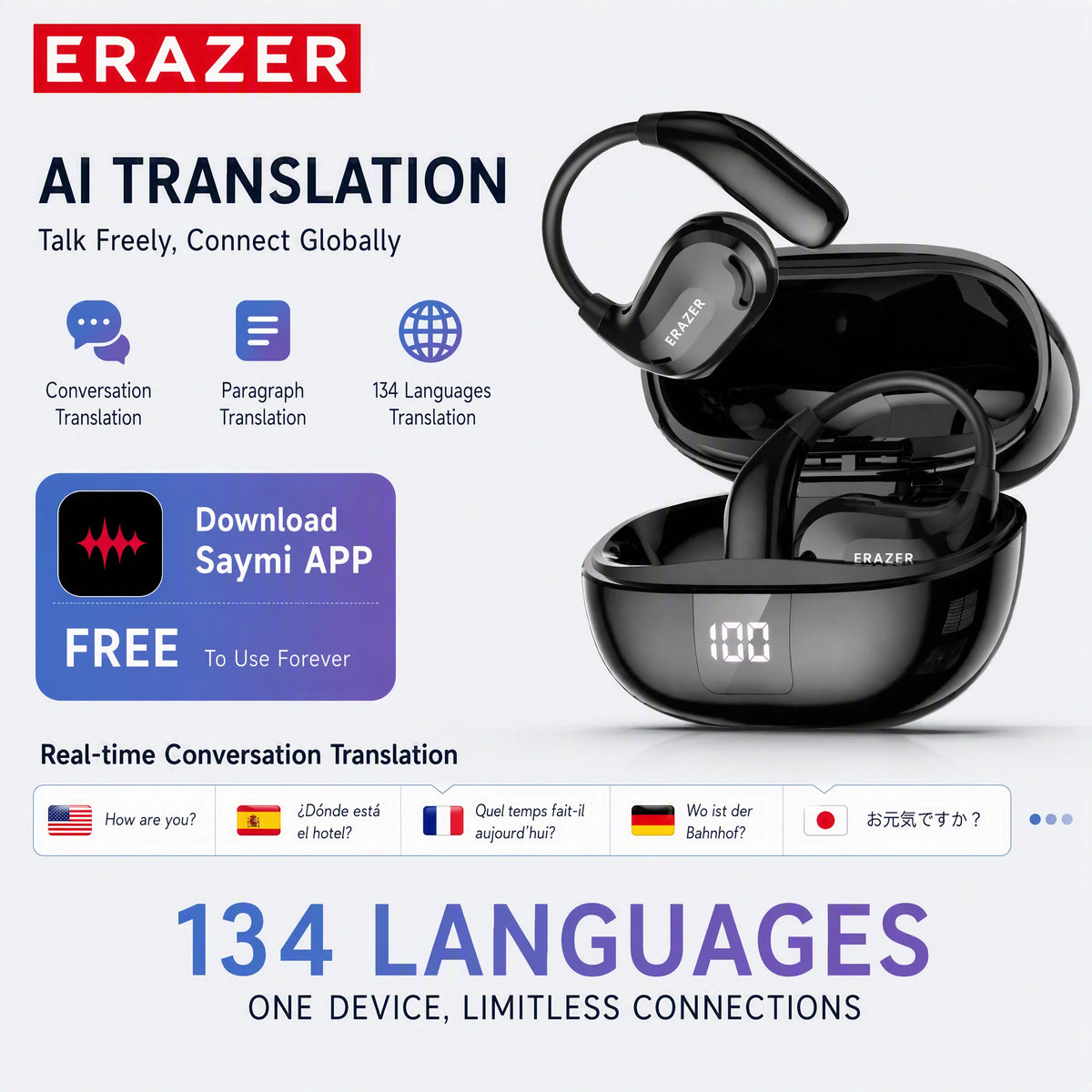 Erazer XT66 Intelligent Translator Earphone Wireless Headphones Bluetooth Earbuds Real-time Translate Equalizer APP Built-in Mic