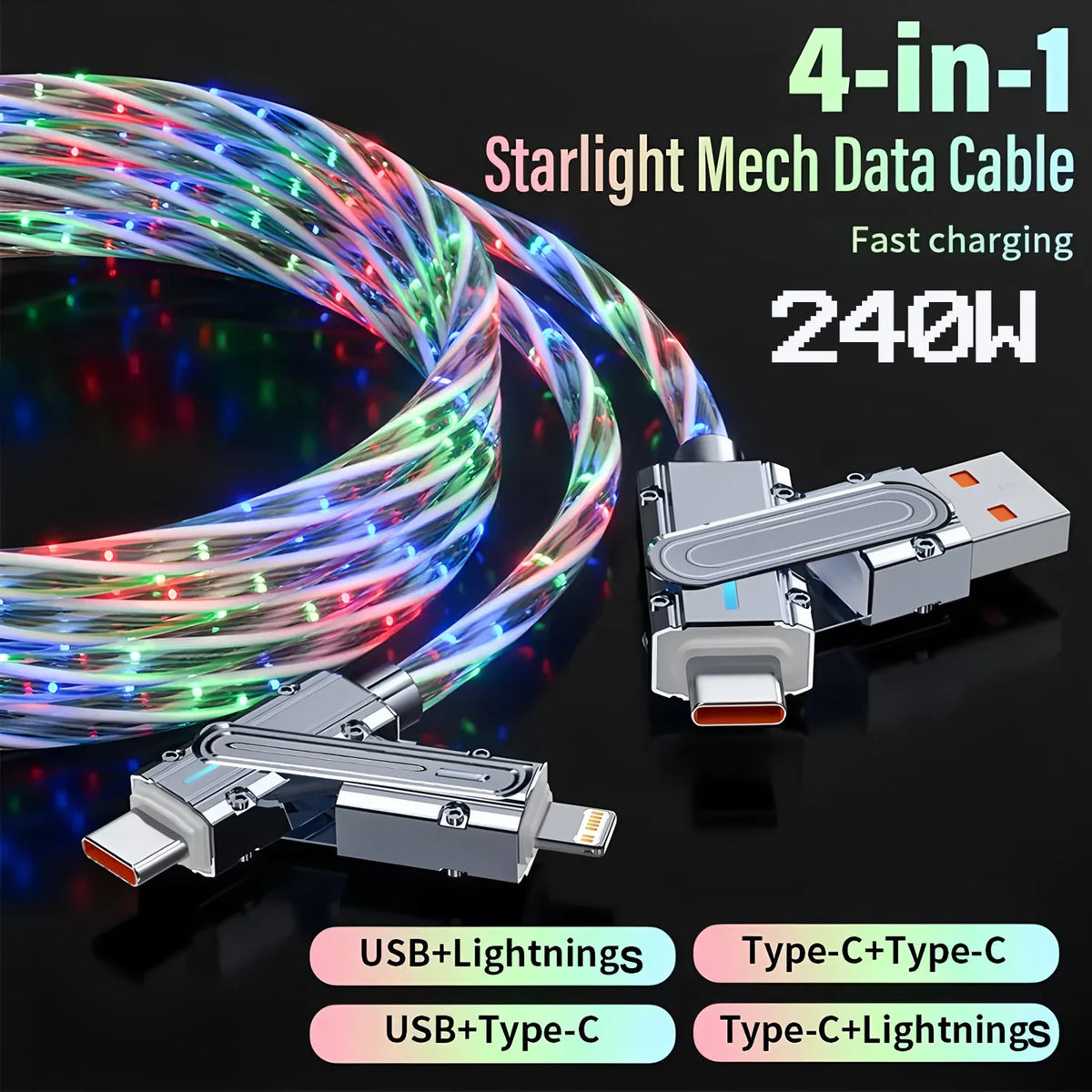 Phone Cable 240W LED Luminous USB Cable 4 in 1 Fast Charging Data Cable for iPhone 14 Pro Max Charger Cables