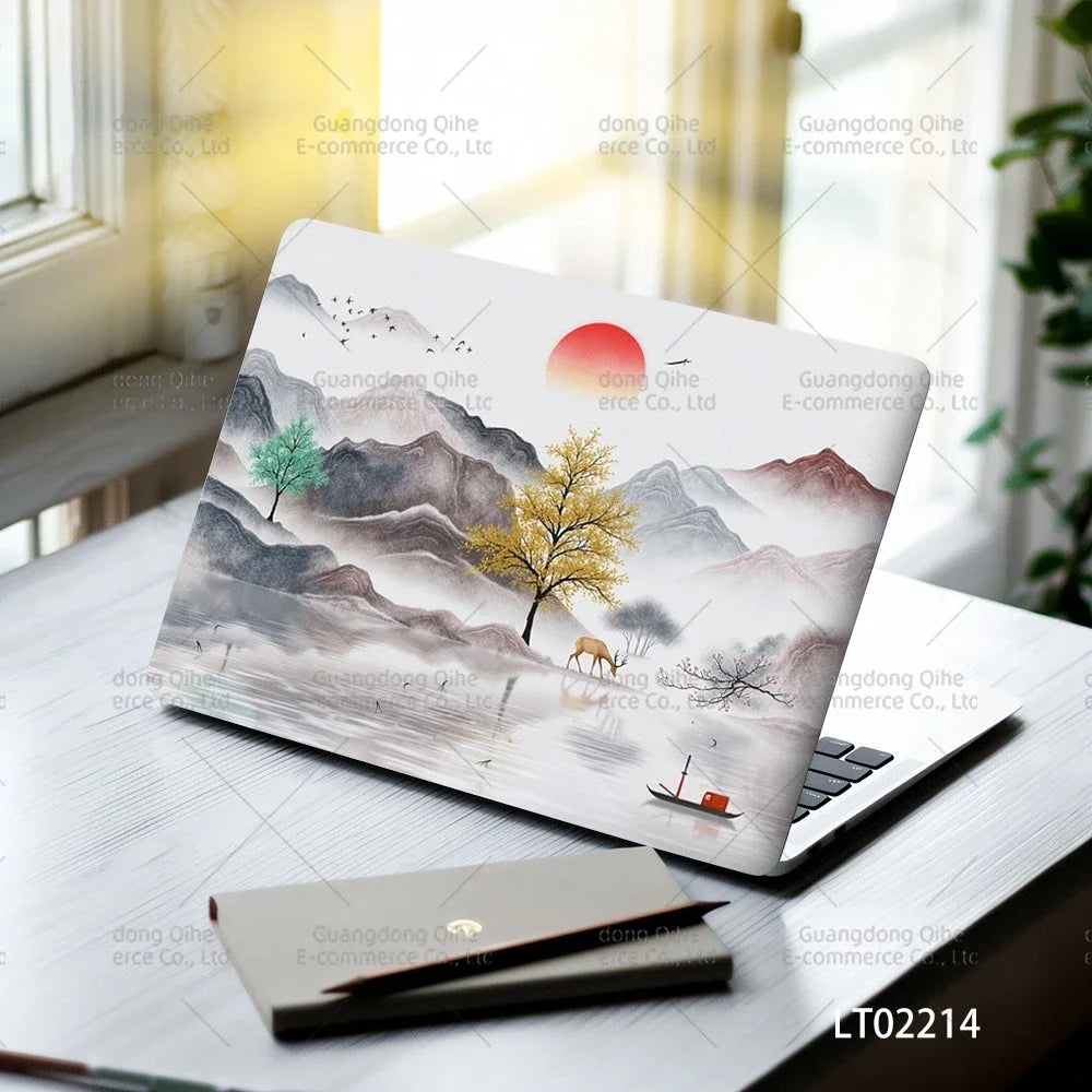 2PCS Scenery Oil Painting Laptop Stickers Set Flower Art Waterproof PVC Decals MacBook Traditional Ink Style Computer Skin