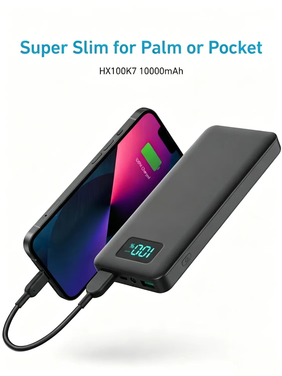 12W PD Charge Powerbank 10000mAh Thin Portable Charger Type C USB C External Battery Backup Power Supply with LED Display for Travel Camping Fits iPhone 17 16 15 14 Plus Pro Max Samsung Galaxy S26 S25 Ultra S24 Google Pixel 9