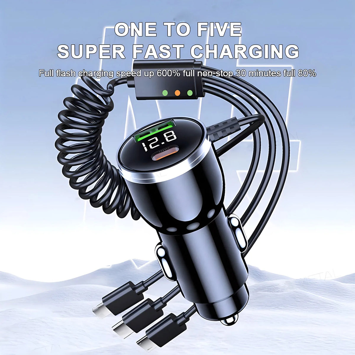 230W Car Charger PD QC 3.0 Fast Charging 3‑in‑1 Coiled Cable L-Port Type‑C Micro USB Dual Port Car Phone Charger with LED Displa