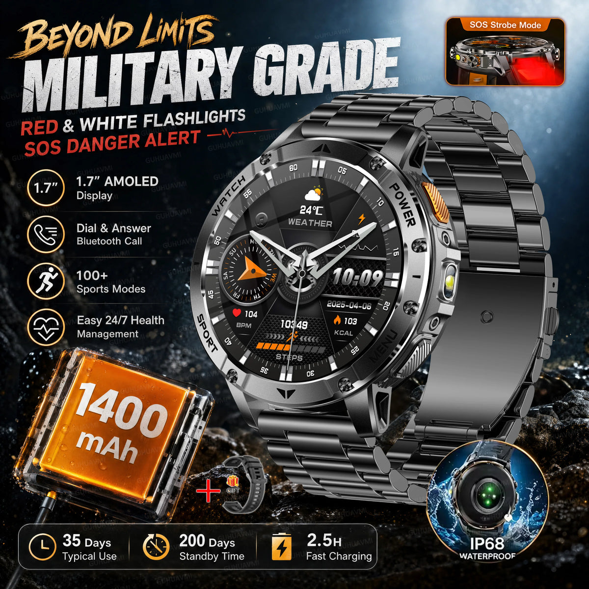 Ultra Large 1400mAh Battery Sport Smartwatch 1.7” Heart Rate Tactical Strong Flashlight 5ATM Waterproof Call Smart Watch For Men