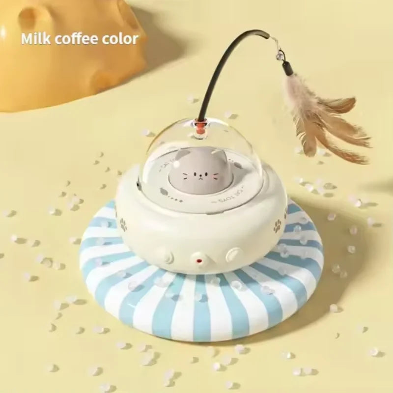 Electric UFO Smart Teaser Cat Toy with Bell Interactive Pet Teaser Stick Replaceable Feather Design for Training And Interactive