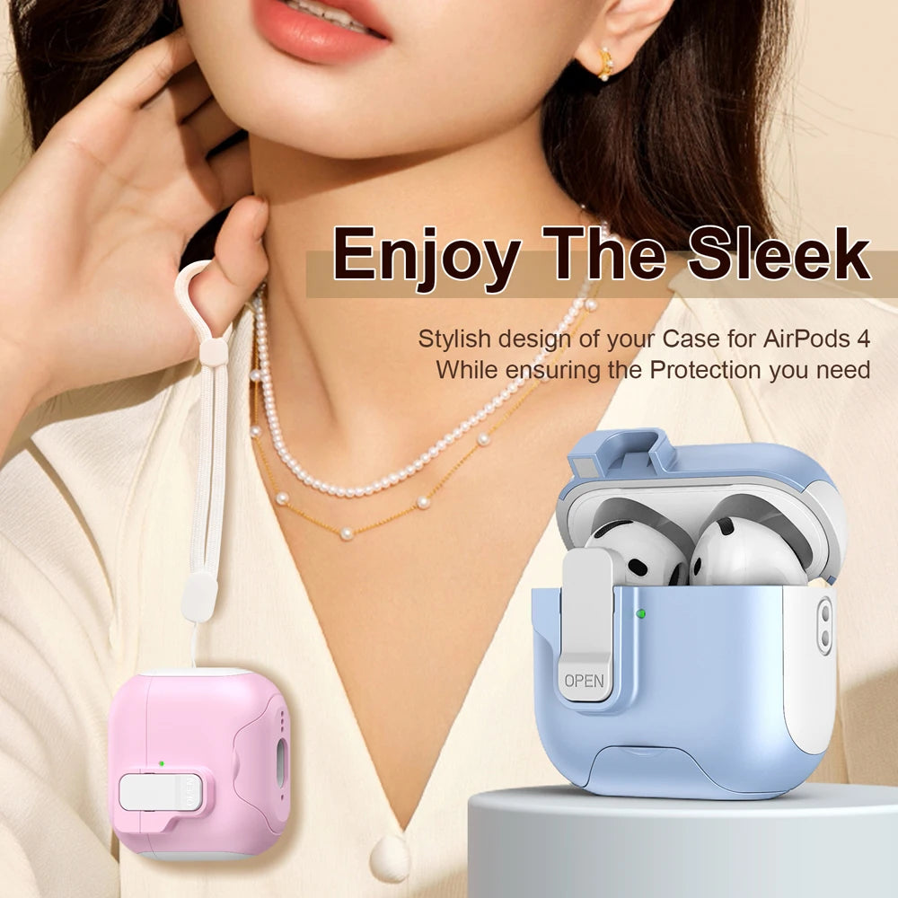Magnet Security Lock Cover for Airpods 4 ANC Case With Lanyard Full Body Protection Shockproof Charging Cases For Airpods Pro 2