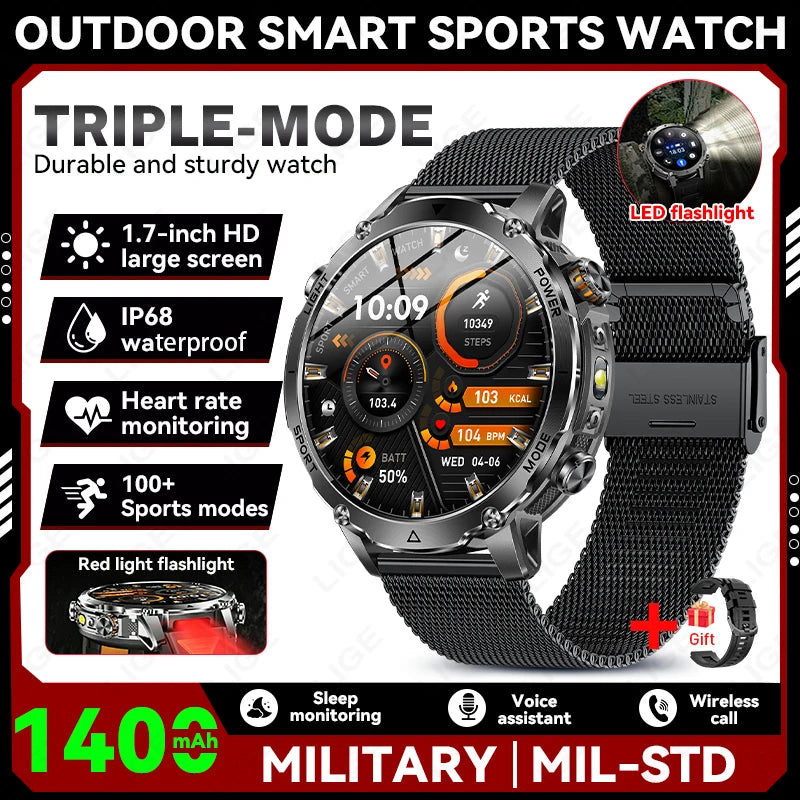 LIGE New 1400mAh Battery Smart Watch Men BT Call Waterproof Heart Rate Monitor Flashlight & SOS Red Light Sports Smartwatch Men