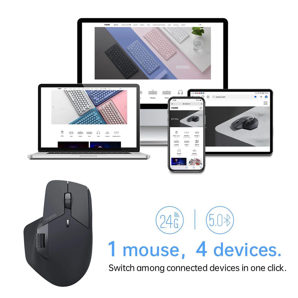 Rapoo MT760L/MT760M Multi-mode Rechargeable Wireless Mouse Ergonomic 4000 DPI Support Up to 4 Devices Bluetooth Mouse