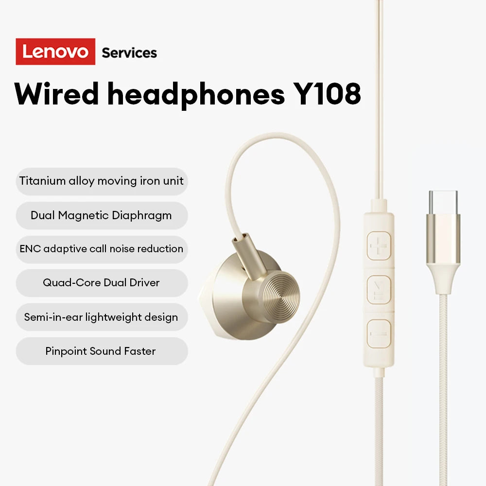 NEW Lenovo Y108 Wired Earphones Semi-In-Ear E-Sports Headphones 3.5mm Type-C Noise Reduction Stereo Music Earbuds 1.25M with Mic