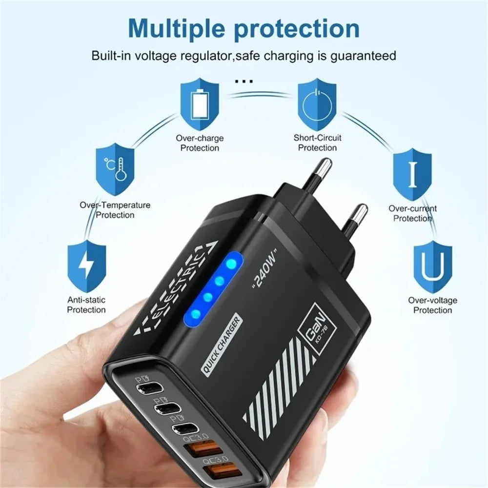 5in1 240W Type C Fast Charger US/EU Plug Desktop USB Charger Wall Adapter PD Quick Charge 3.0 USB C Phone Charging Head Adapter